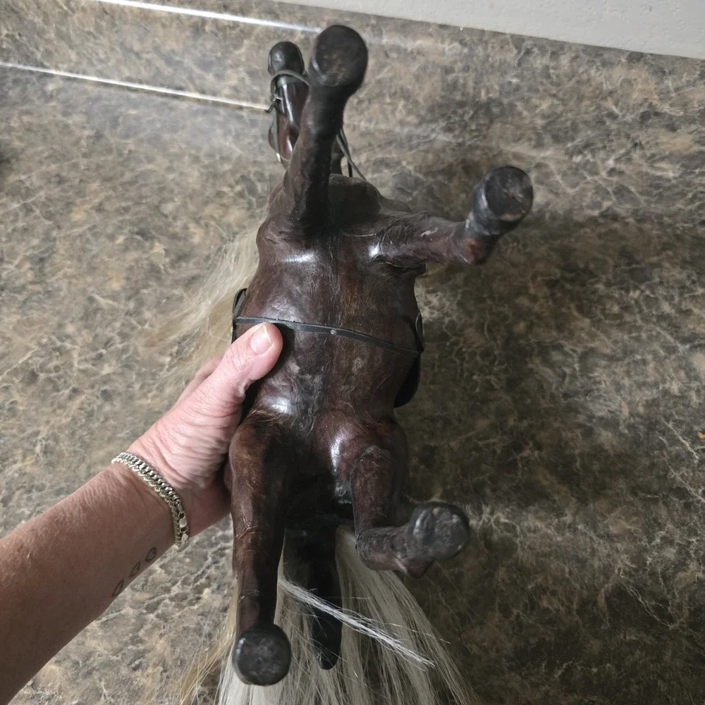 Vintage‎ Leather Wrapped Horse Figurine Real Horsehair Mane Tail Western...